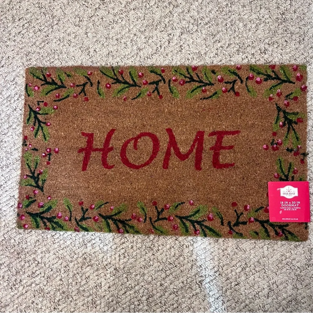 Holiday Time 18x30 Coir Doormat Winter Greenery & Red Berries NEW
